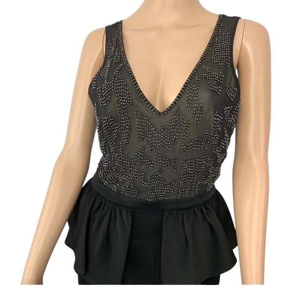 Bebe Embellished V Cut Peplum Sleeveless Black Dress Size S - Picture 2 of 12
